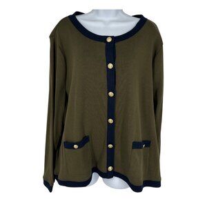 Talbots Plus Olive Green & Navy Button Cardigan Sweater With Pockets Size 3X